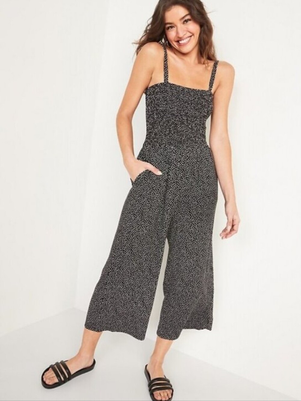 Old Navy Smocked Jersey Cami Corpped Jumpsuit Black With White Dots Size M Cute